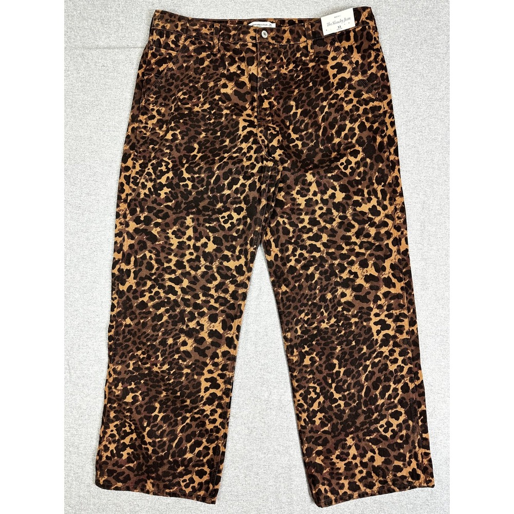 NEW Abercrombie Fitch Slouchy Jeans Womens 33 Brown Leopard Print Mid Rise Denim - Picture 1 of 12